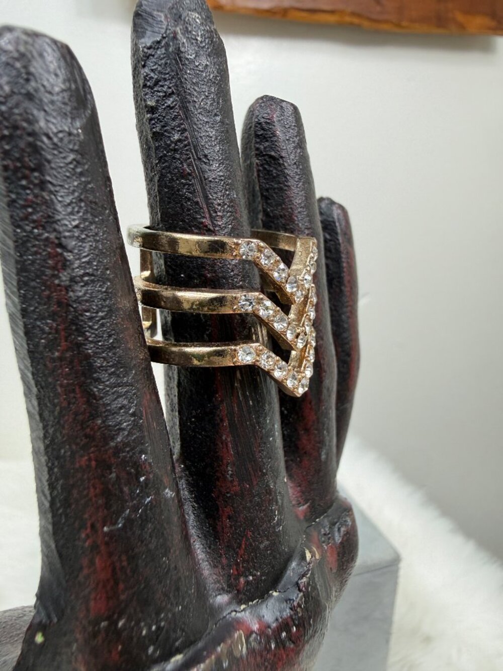 Gold Tone Rhinestone Chevon Ring Adjustable Size 9.75 - Picture 2 of 6